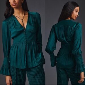 Anthropologie Green Satin V-Neck Blouse
